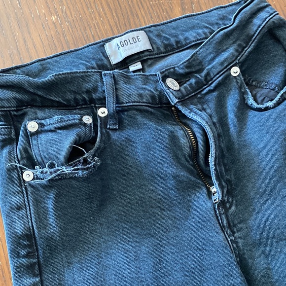 AGOLDE black distressed mid rise stretch straight leg jeans w/ raw cut out cuffs - Picture 4 of 16